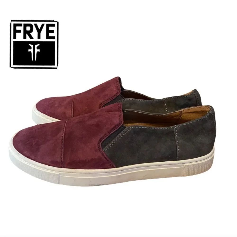 FRYE Women's Gemma Cap Slip Maroon Grey Black Suede Leather Loafers 6.5